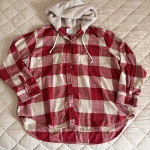 American Eagle Outfitters Red and White Checkered Hoodie Shirt